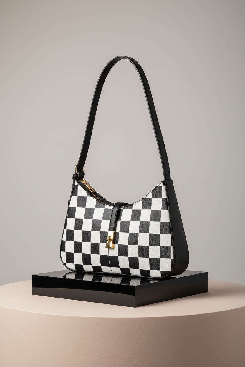 CLUCI Checkered Purse displayed in studio, highlighting vegan leather and design