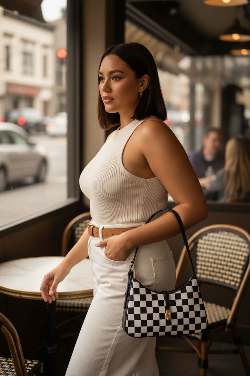 CLUCI Checkered Purse in warm setting, showcasing hobo bag style under arm