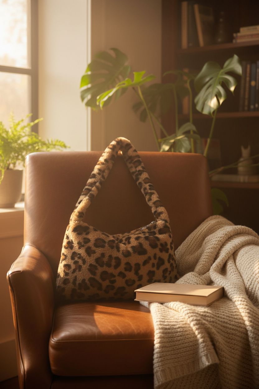 KPX fuzzy leopard hobo bag in a cozy reading nook with warm autumn vibes.