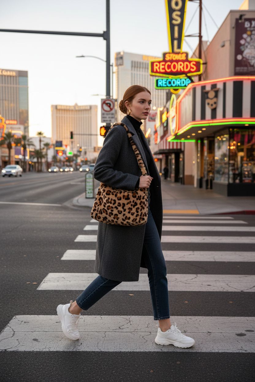 Fashionable fuzzy leopard tote bag by KPX against a retro record shop backdrop.