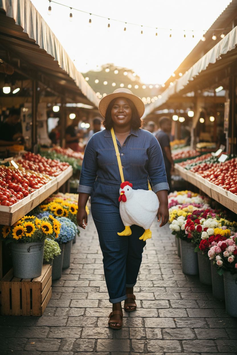 Saintrygo chicken purse being showcased at a vibrant farmers' market against colorful produce.