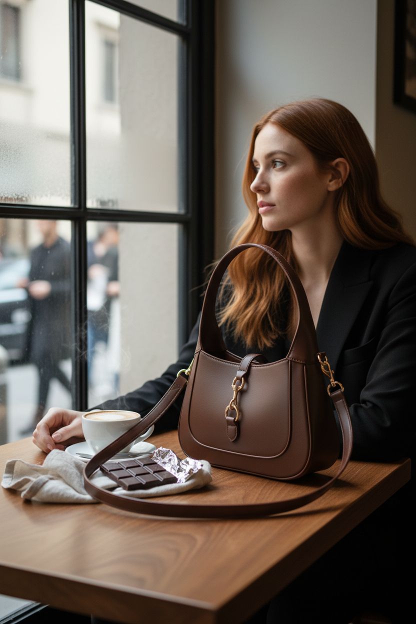 Apryl chocolate handbag resting next to cappuccino and chocolate, creating a cozy mood.