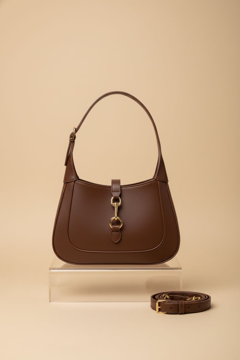 Product-focused shot of Apryl chocolate handbag, highlighting its vegan leather and craftsmanship.