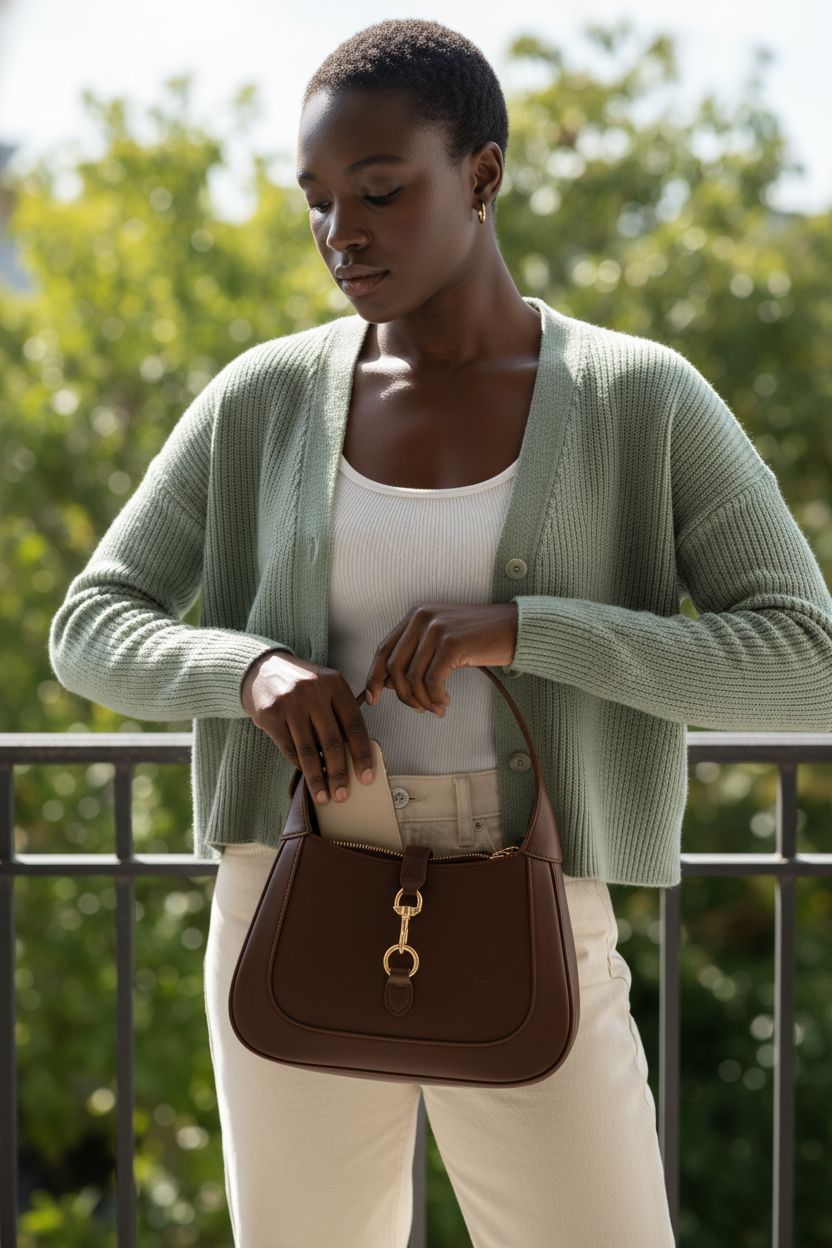 Apryl chocolate handbag on a sunlit balcony, showcasing its adjustable strap and chic design.