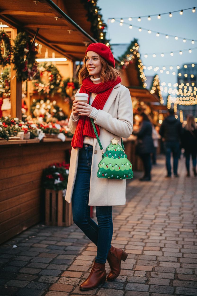 Bright green Dansydaisy Christmas purse stands out at a festive market.