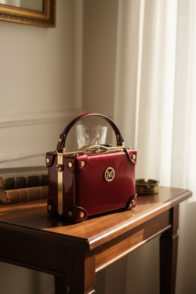 Elegant Nucucina red box purse resting on a walnut console in a soft-lit study nook.