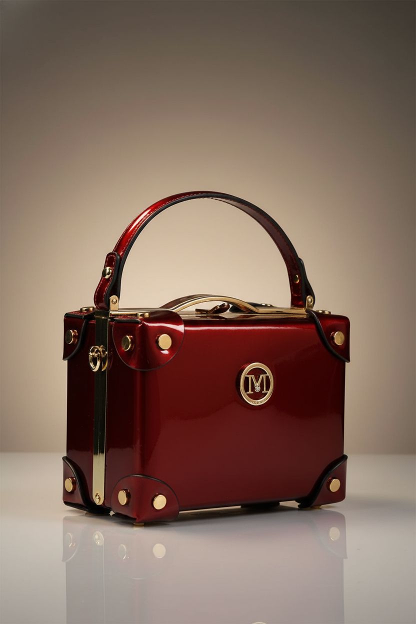 Nucucina red hard box purse showcased on a clean studio set with warm gray background.