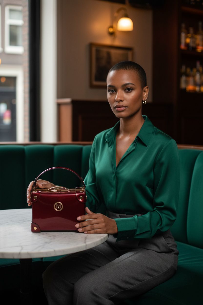 Red hard box purse by Nucucina on a marble table in a cozy speakeasy setting.