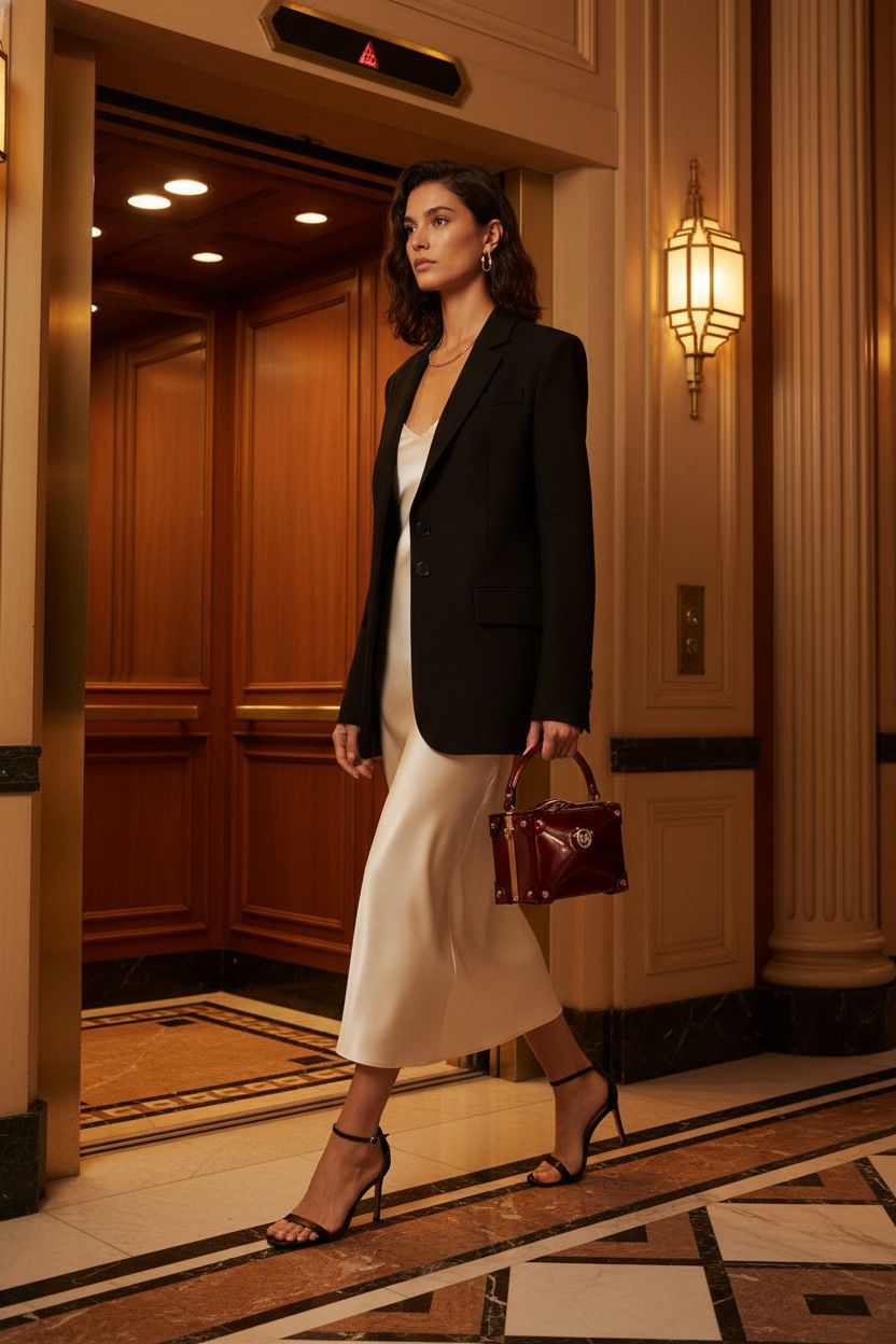 Nucucina red hard box purse swinging as a woman walks through Art Deco hotel lobby.