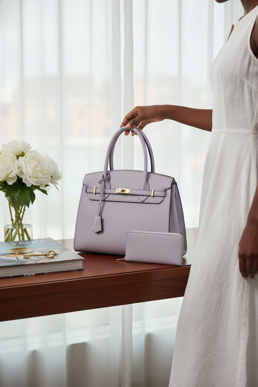 Nymera light lilac handbag elegantly placed in a boutique hotel lounge, enhancing the atmosphere.