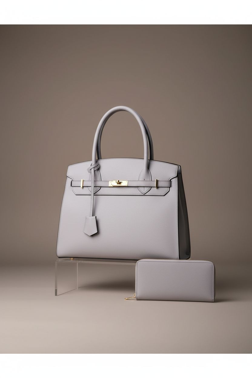 Nymera light lilac satchel and wallet displayed in a minimalist studio, highlighting their craftsmanship.