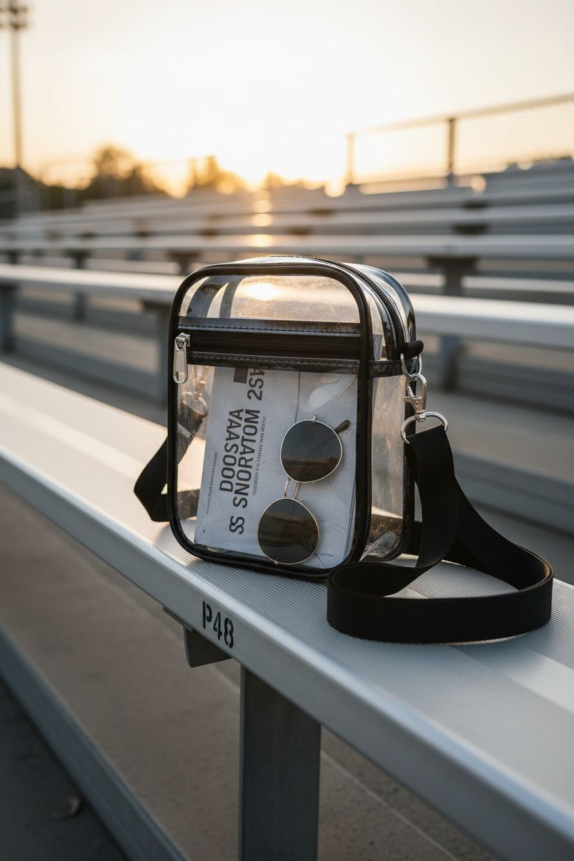 USPECLARE clear crossbody bag resting on stadium bleachers at sunset