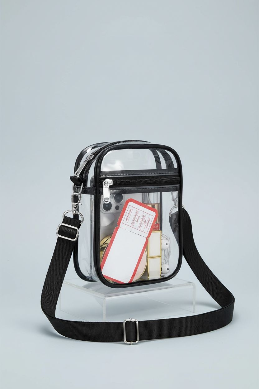 USPECLARE clear crossbody bag showcased on a studio backdrop with ticket