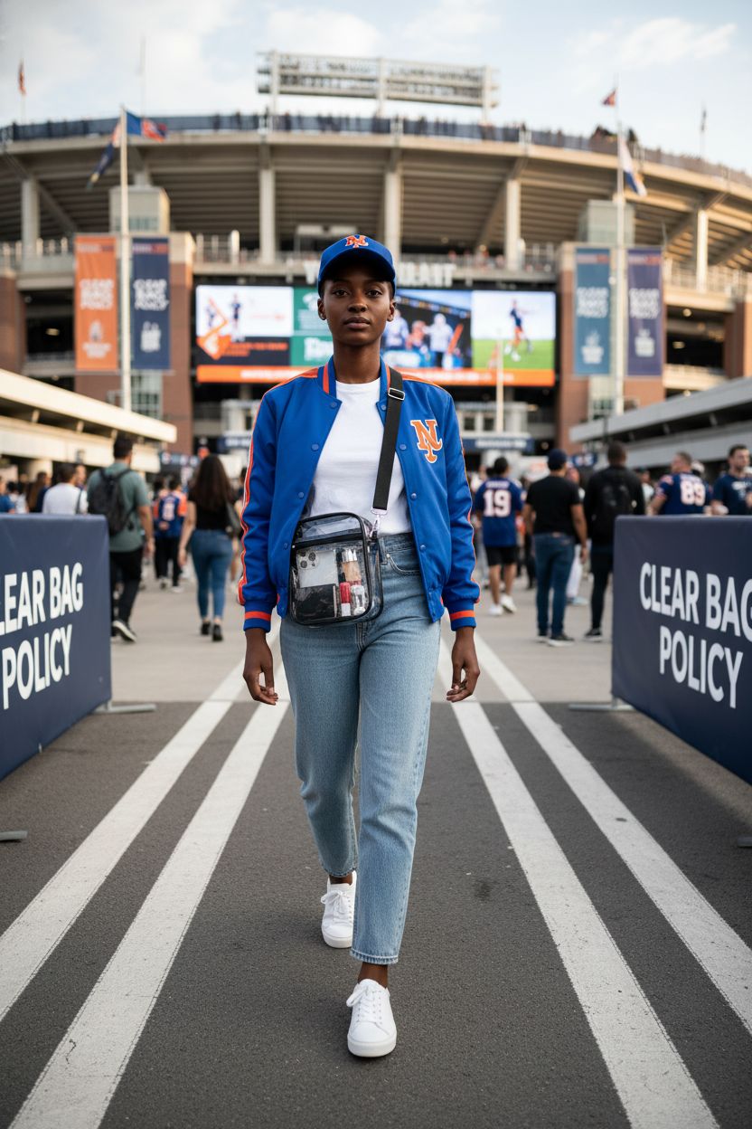 USPECLARE clear crossbody bag by a modern stadium entrance during game day