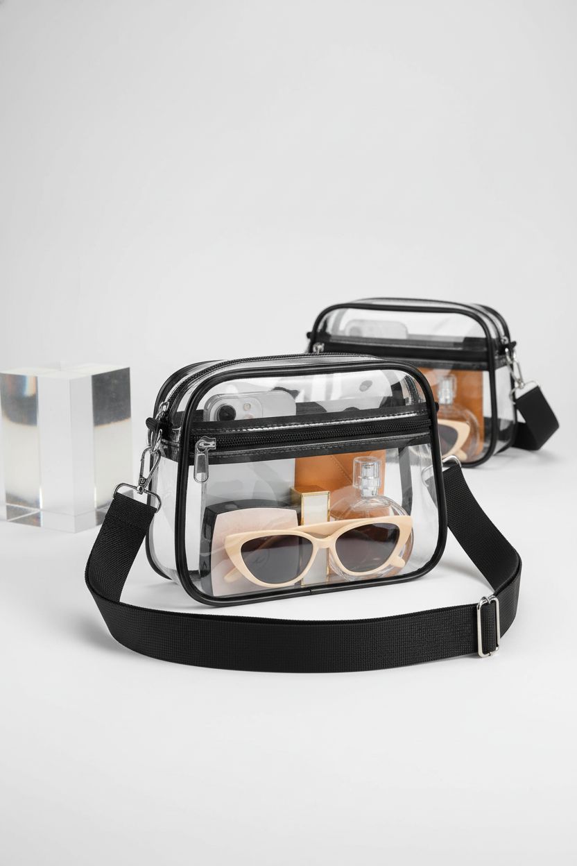 Close-up of Busiuw clear plastic purse highlighting its sleek design and features.