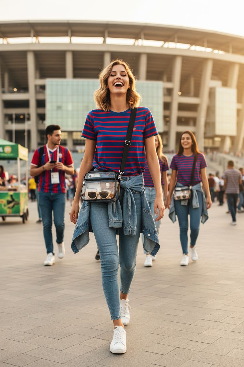 Busiuw clear plastic purse for sporting events, stylishly displayed at stadium entrance.