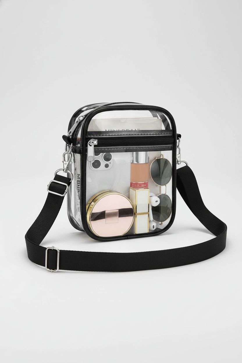 USPECLARE clear purse on light-gray backdrop, emphasizing its sleek crossbody style and features