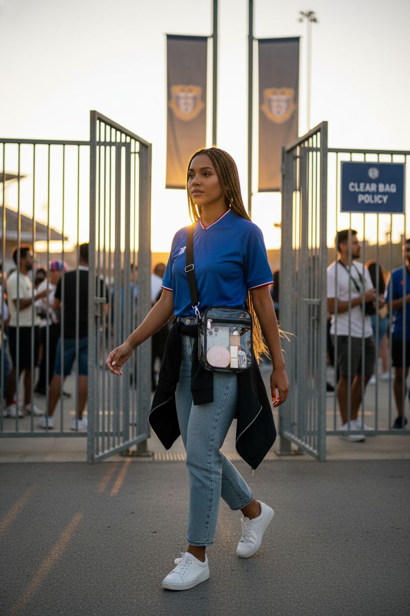 USPECLARE clear purse at stadium entry with team jersey, showcasing stylish crossbody design