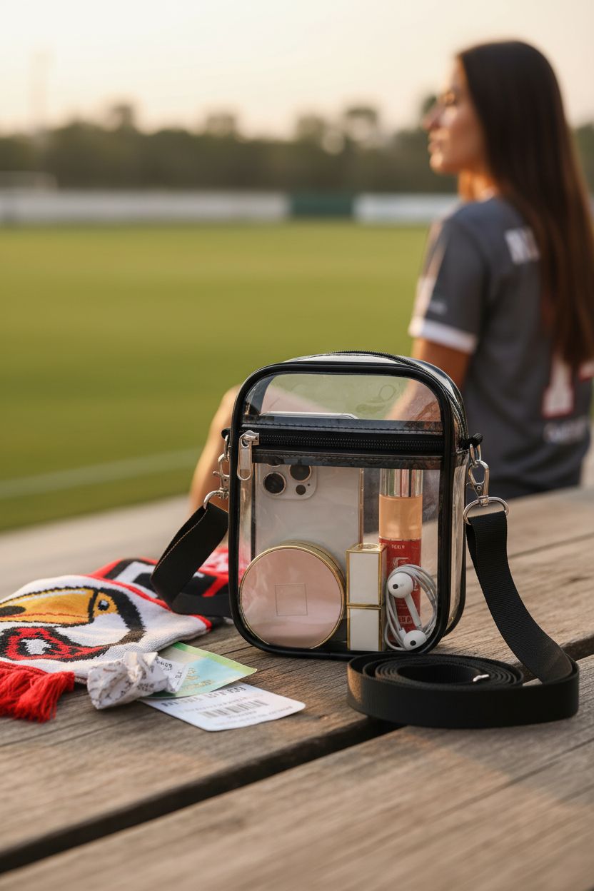 USPECLARE clear crossbody bag on wooden bleachers next to game day items