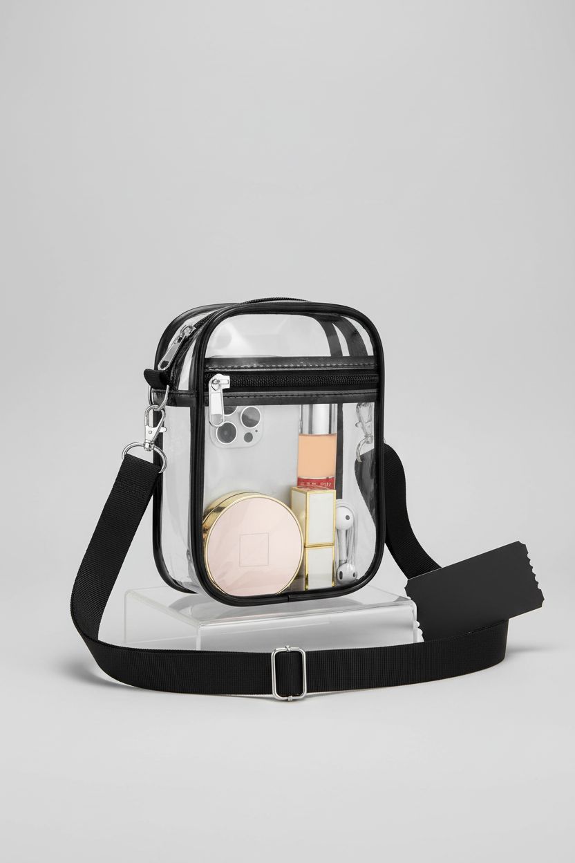 USPECLARE clear crossbody bag elegantly displayed on light gray background