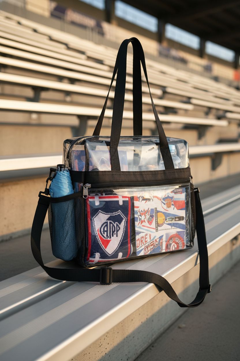 Paxiland clear vinyl bag resting on aluminum bleachers with a water bottle and scarf.
