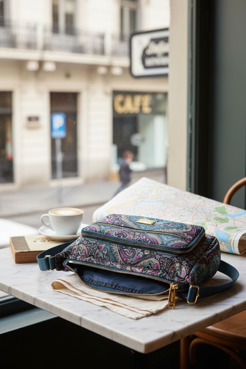 Pealwel black and blue paisley handbag resting on a marble table with cappuccino and book