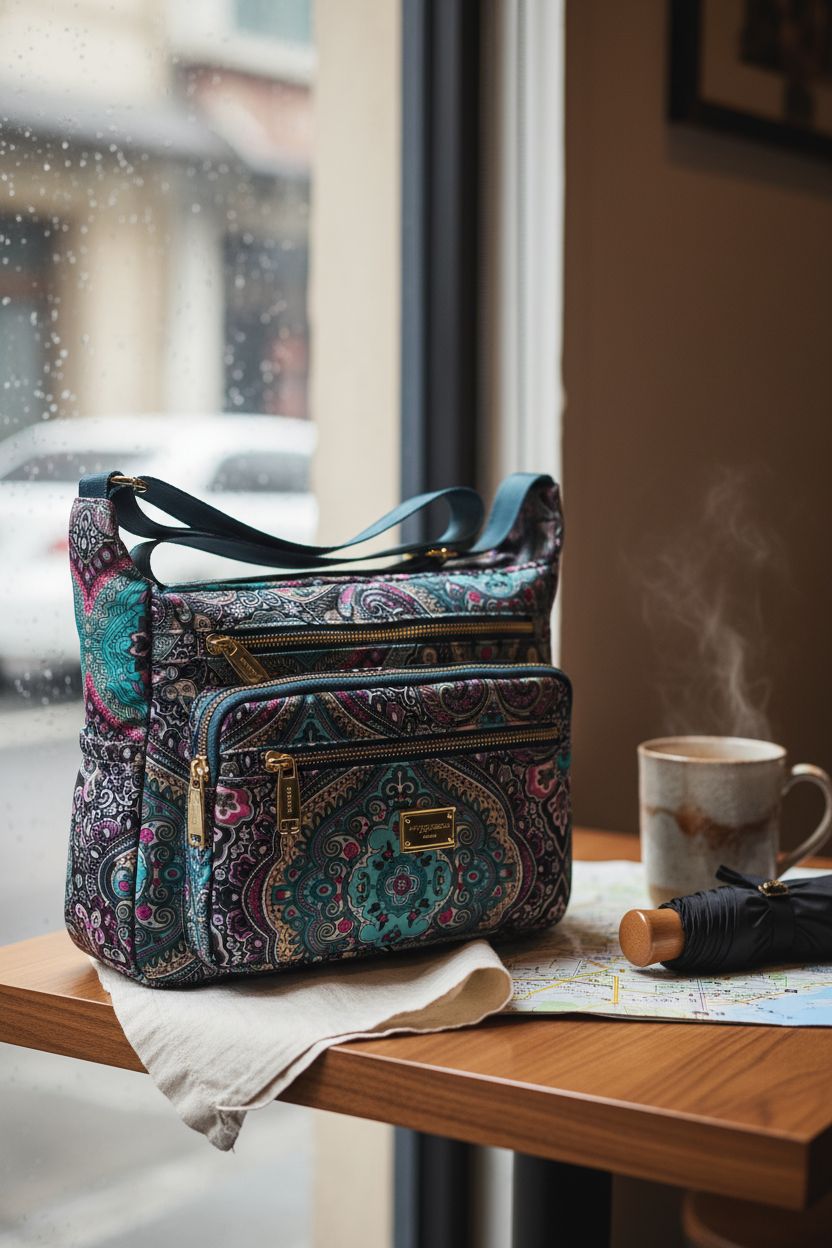 Pealwel nylon handbag on a bistro table, surrounded by travel essentials, evoking a cozy café vibe