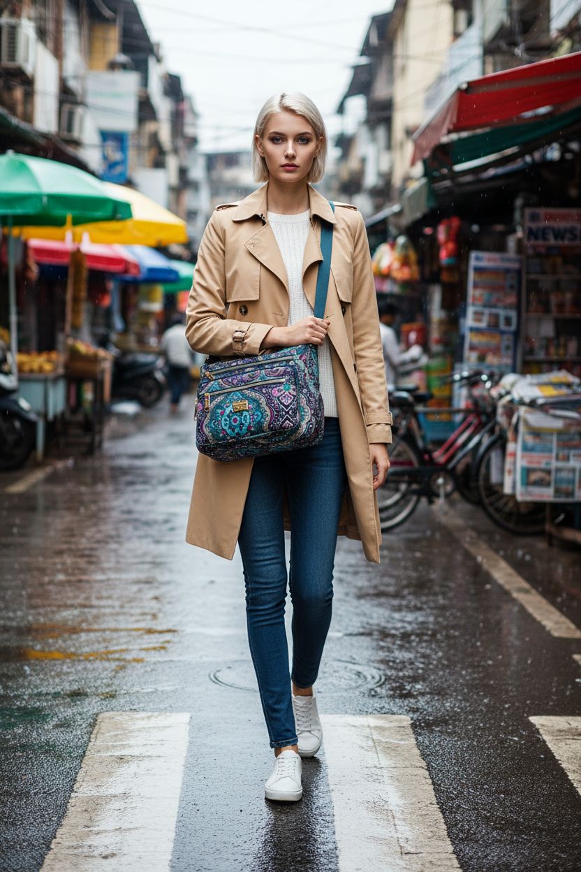 Pealwel black and blue shoulder handbag worn crossbody, showcasing its stylish design in an open-air market