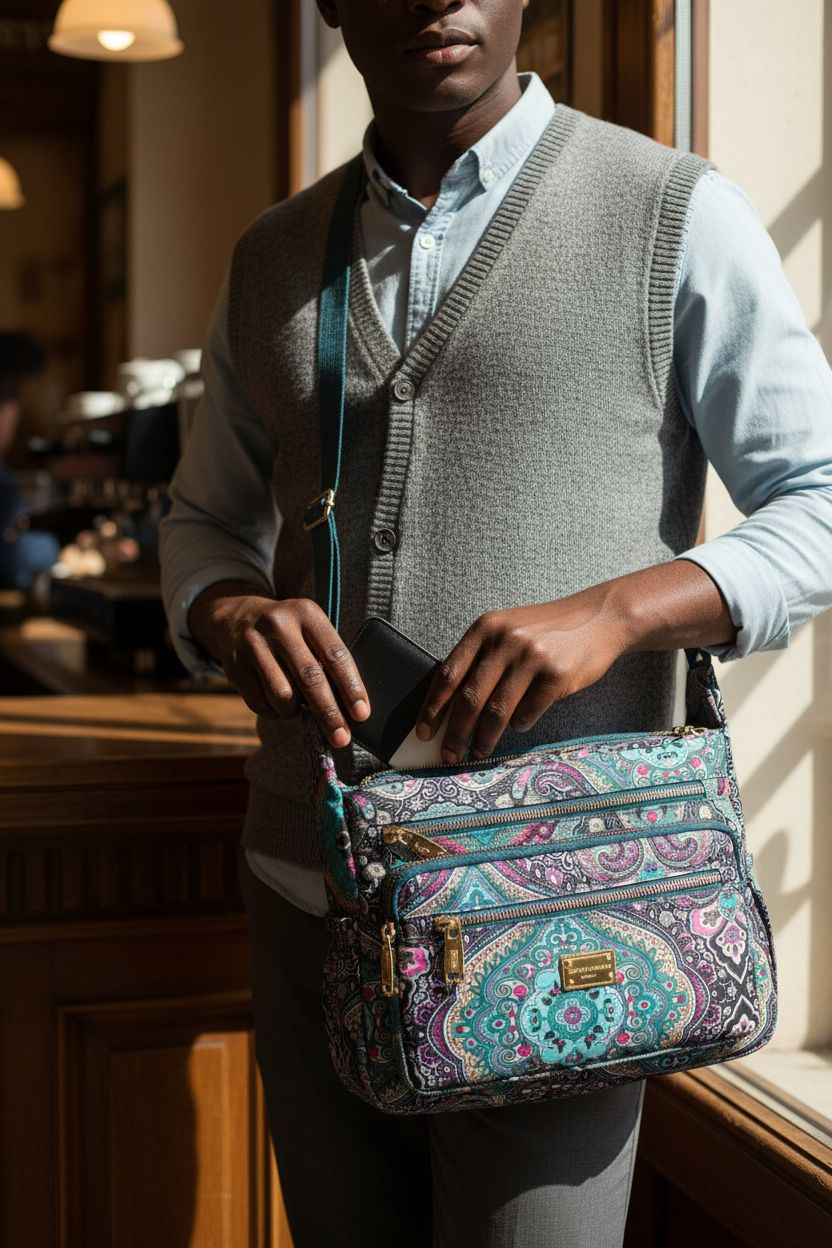 Pealwel teal and magenta purse at a café counter, displaying its multiple pockets and chic pattern