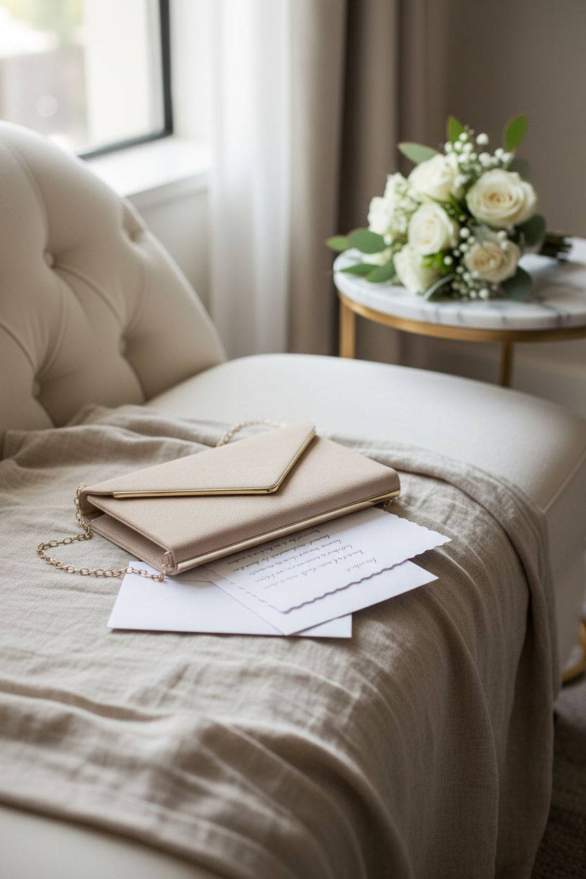 BBjinronjy faux suede clutch purse on a velvet chaise in a bridal suite, capturing anticipation.
