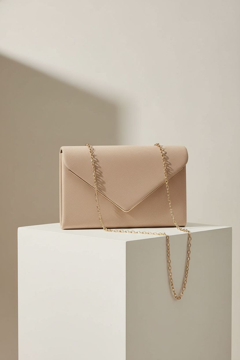 BBjinronjy faux suede clutch bag displayed on a pedestal with polished trim and gold chain.