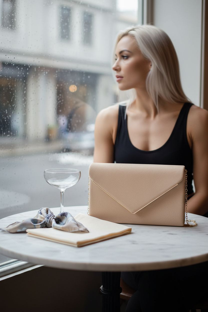 BBjinronjy clutch purse on marble table in cozy café, stylish accessory for rainy days