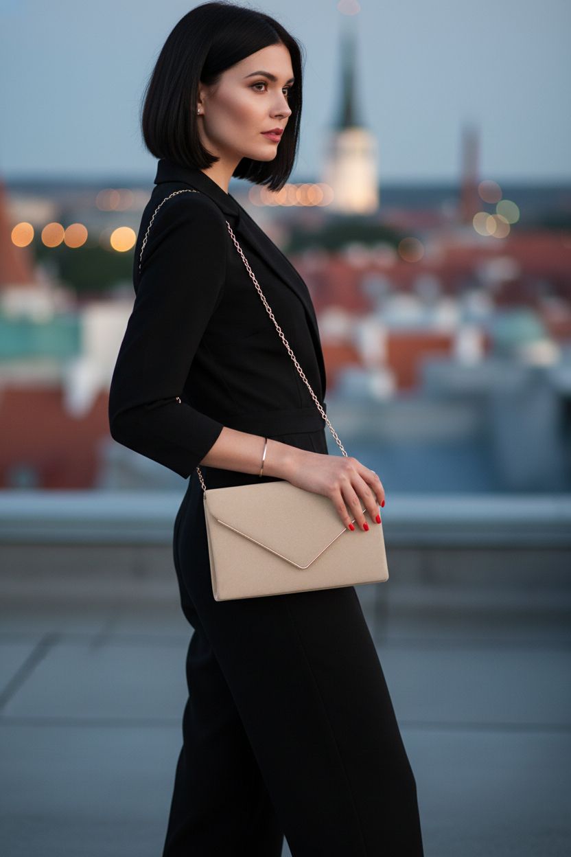 BBjinronjy taupe suede clutch purse with gold hardware, elegant evening bag on rooftop