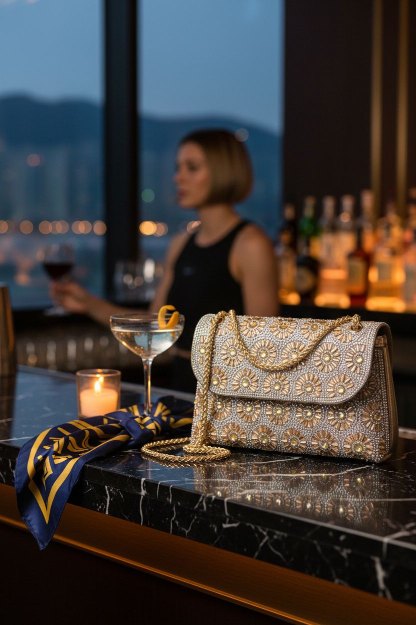 BBTT.ful cocktail bag on marble bar, exuding sophistication with warm candlelight ambiance