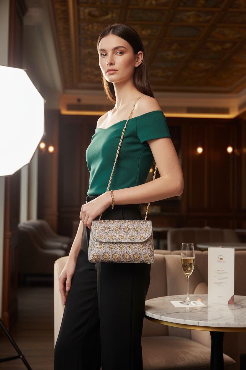 Stylish BBTT.ful crossbody cocktail bag showcased in a chic lounge, ideal for upscale outings