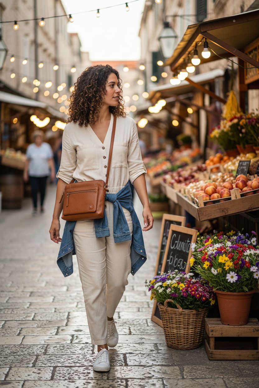 Cognac crossbody bag from Wise Owl Accessories worn at a charming market setting