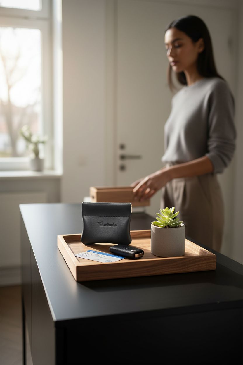 Travelambo leather coin purse placed on a walnut tray in a cozy Berlin entryway.