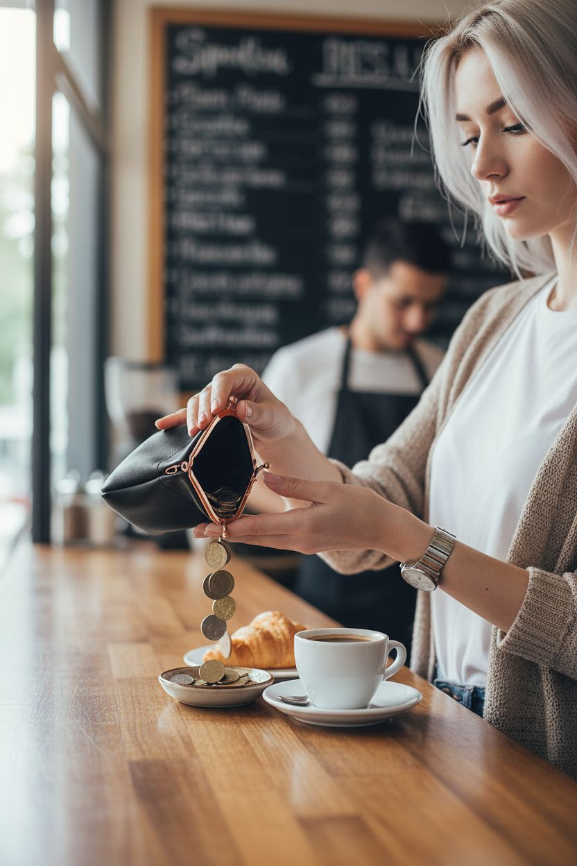 Travelambo leather squeeze coin purse being opened to reveal coins in a café setting.