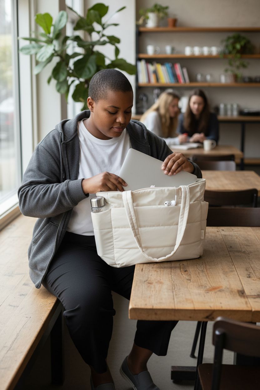 BAGSMART beige tote bag with laptop and water bottle at a campus coffee lounge, ideal for study