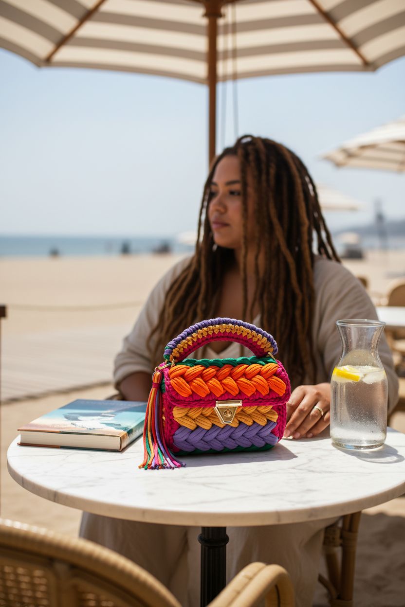 Colorful CHQEL crochet handbag resting on a bistro table at a beachside café