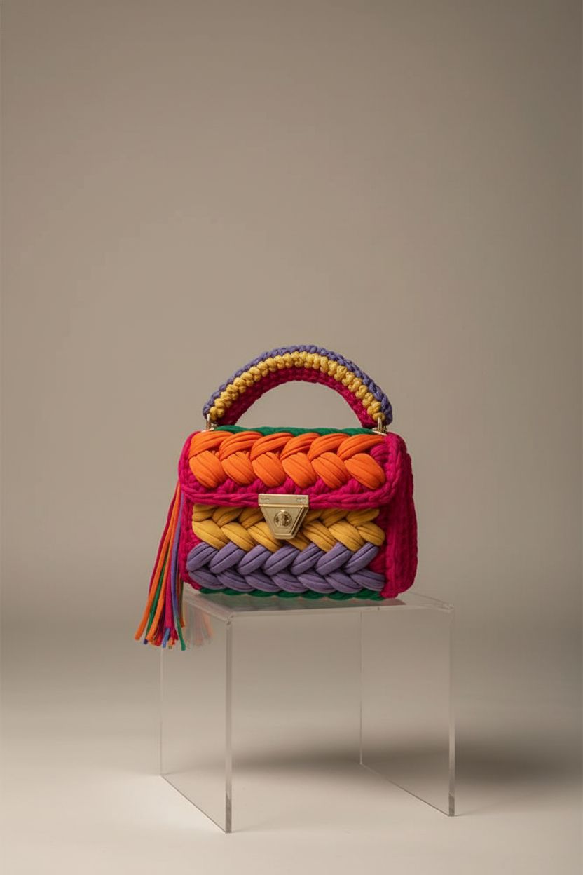 Product shot of CHQEL colorful crochet evening clutch showcasing craftsmanship