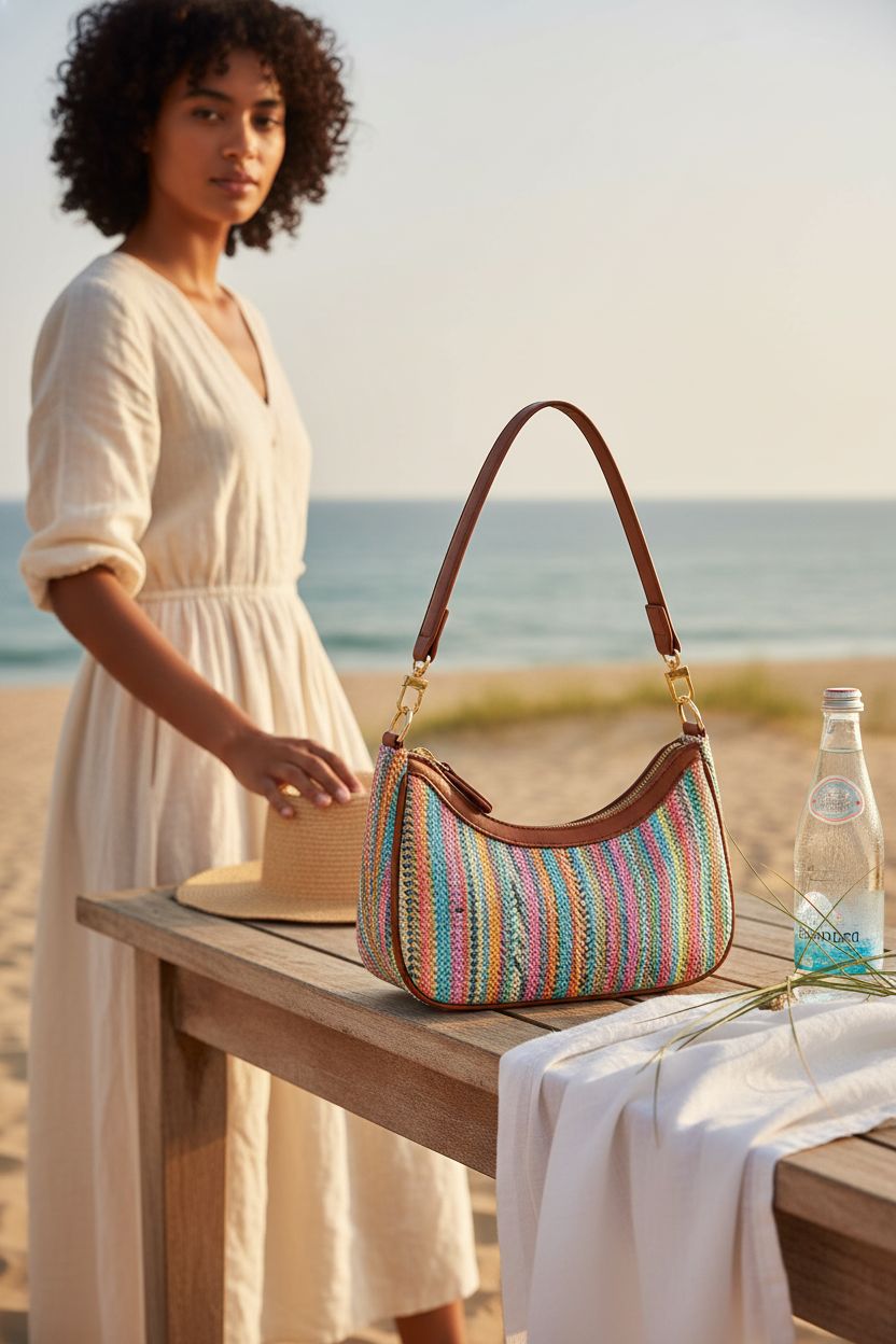 KKXIU colorful shoulder bag on a teak bench in a beach-bungalow setting.