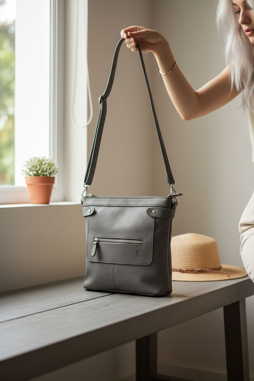 Charcoal Browning concealed carry purse on a bench, ready for a day out.