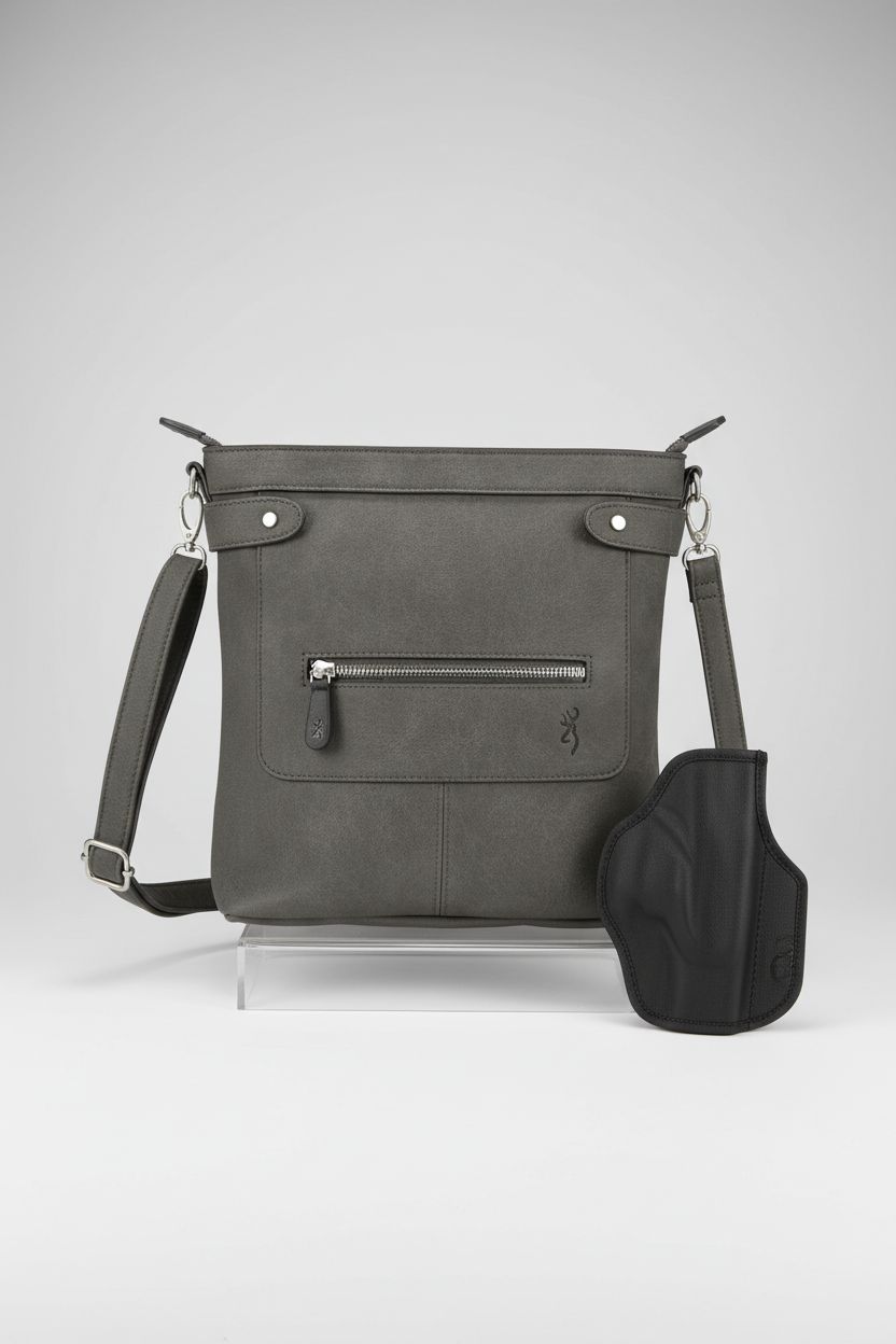 Browning concealed carry crossbody purse displayed in a studio, highlighting design features.