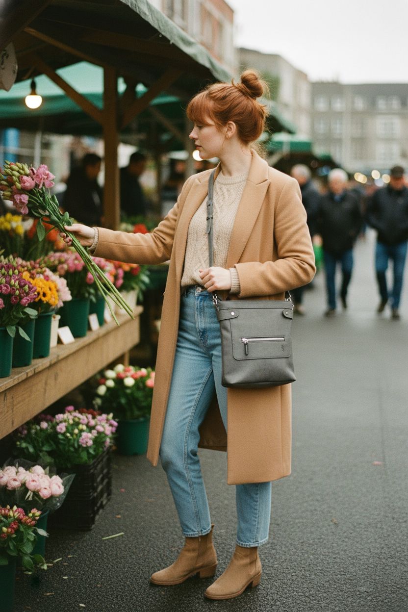 Browning concealed carry crossbody purse in charcoal, stylishly worn at a market.