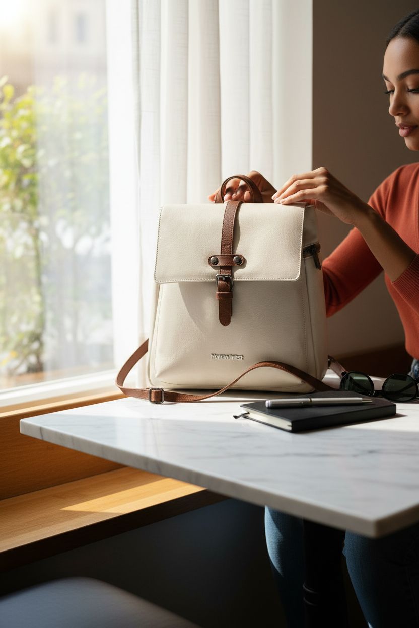Montana West convertible backpack purse on a marble table, ideal for work and travel settings.