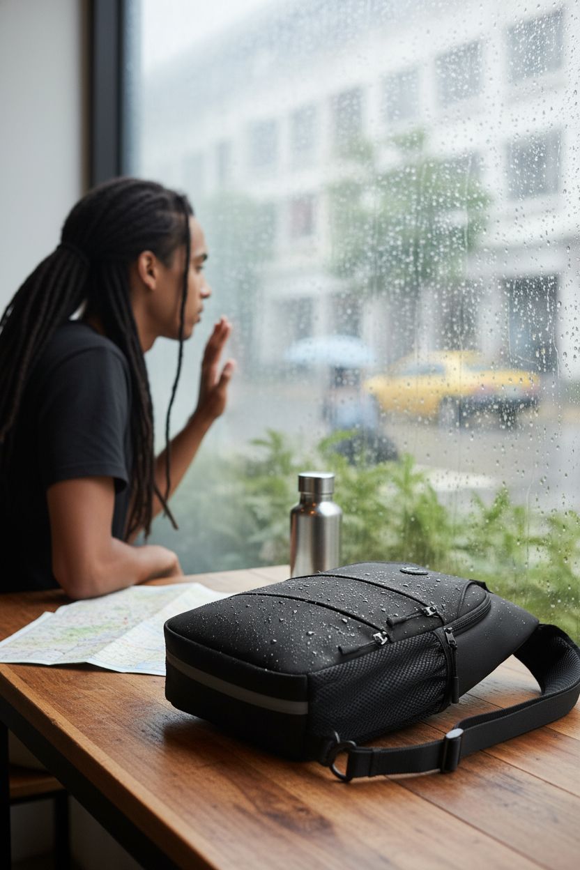 Pritent crossbody bag resting on a wooden table in a cozy café, showcasing its waterproof fabric and travel-ready design.