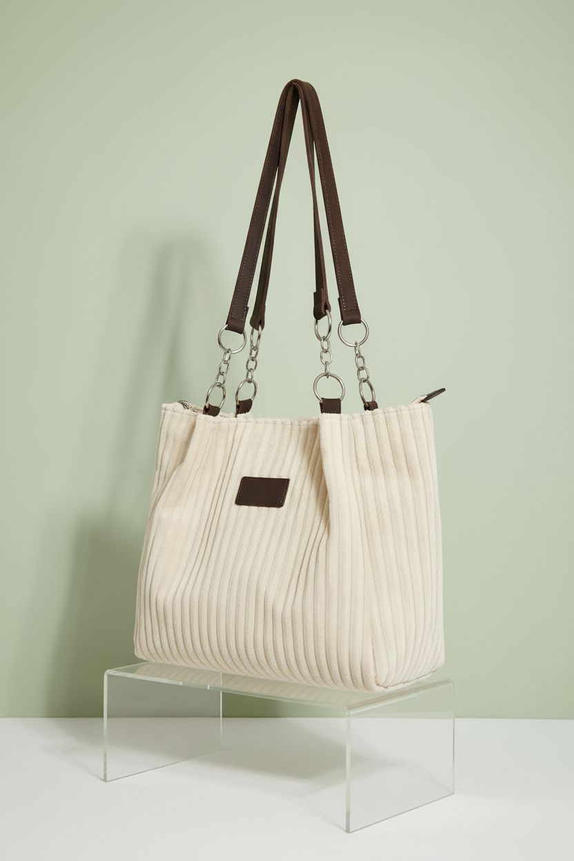 Ulisty beige corduroy tote displayed on an acrylic riser in studio light.