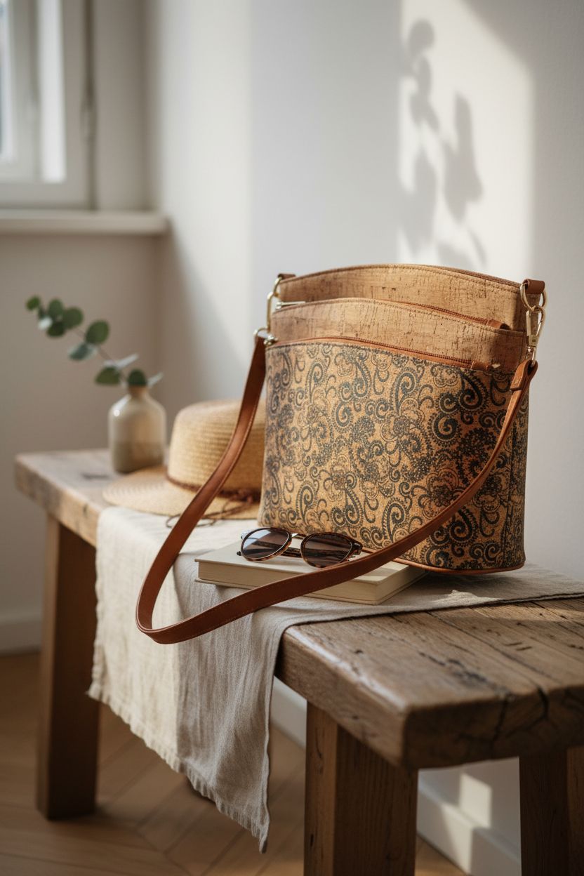 Tuokrisa cork purse elegantly displayed on a rustic bench, surrounded by eco-friendly decor and soft lighting.