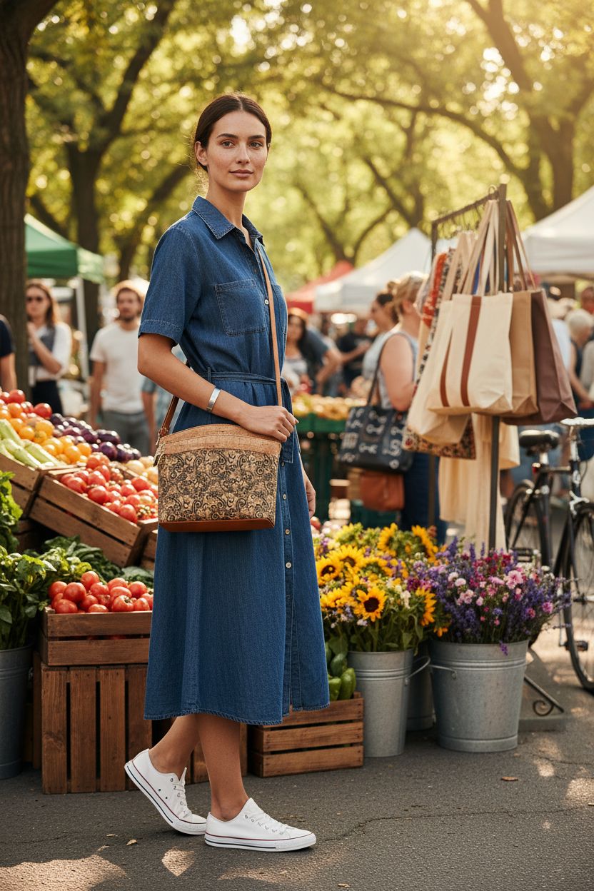 Tuokrisa natural cork shoulder bag at a vibrant farmers' market, stylishly carried over a denim dress.